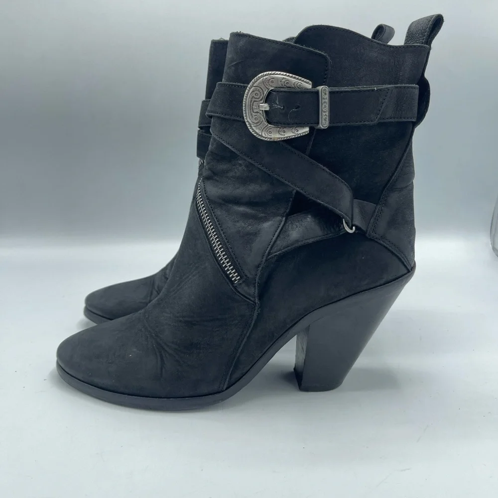 AllSaints TEJUS Ladies Black Leather Buckle Western Ankle